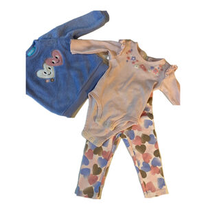 Baby Girl Pekkle 9M Outfit Set Pink Bodysuit, Blue Sweater, Heart Pants